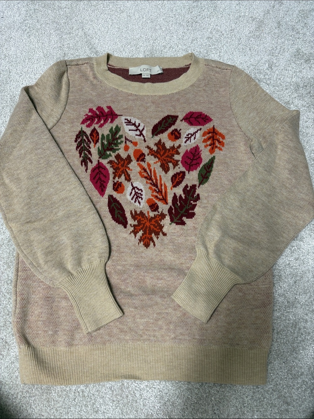 LOFT Beige Crewneck Sweater with Multicolor Leaf Heart